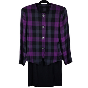 Stirling Cooper Vintage Purple Black Plaid Button Front Blazer Pencil Skirt Set
